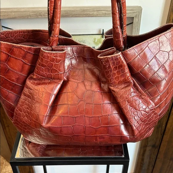 Furla Crocodile-Embossed Rust Colored Tote Bag - Picture 4 of 15